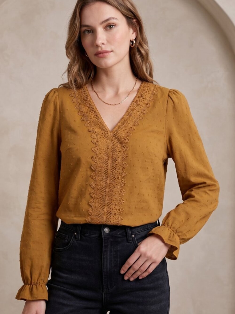 NWOT | Mustard Swiss Dot Lace Trim V-Neck Long Sleeve Ruffle Cuff Blouse | Mediu
